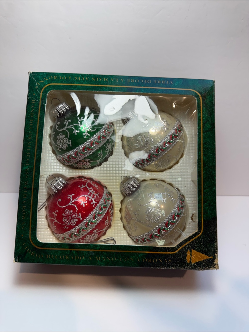 Vintage Christmas Ornaments - 1 Box Krebs (4) - Green/Red/White